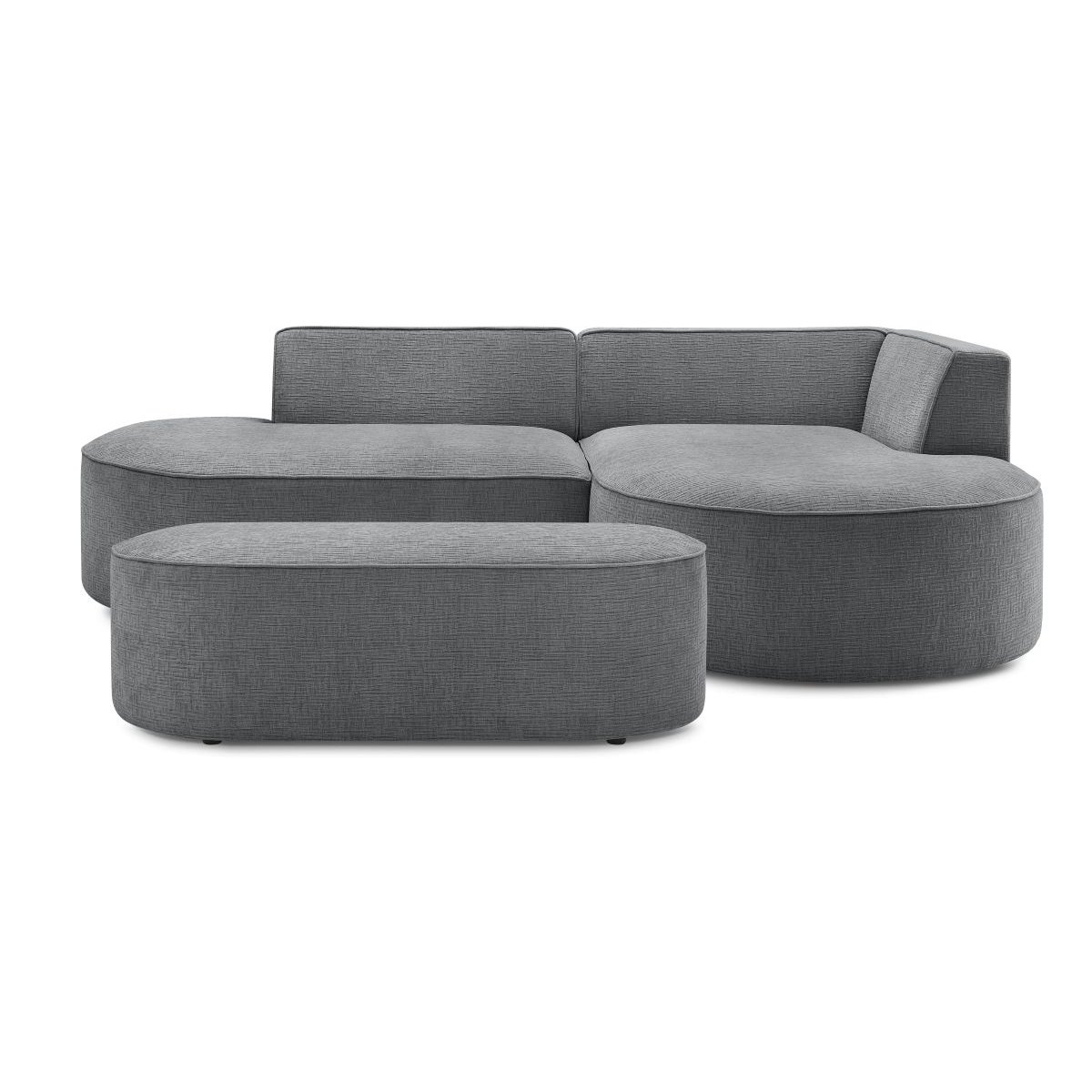 Canapé d'angle fixe 5 places en tissu texturé avec pouf, ROUSSEAU gris foncé, BOBOCHIC