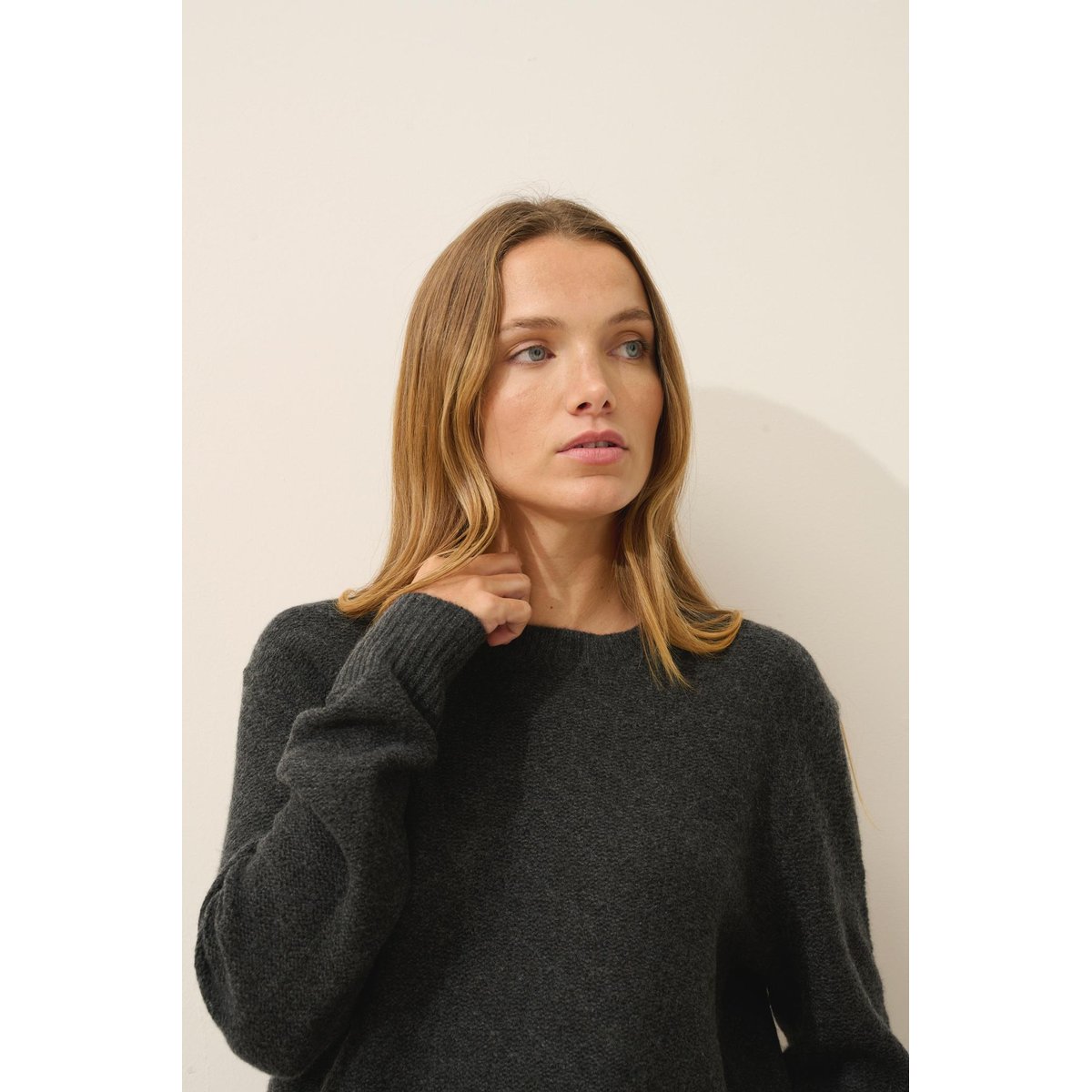 Pull Col Rond 6 Fils Carbone Chiné Cetan noir chiné, JUST CASHMERE