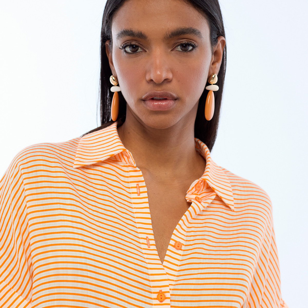 Blouse rayée à manches courtes et col chemise saumon, LOLA CASADEMUNT