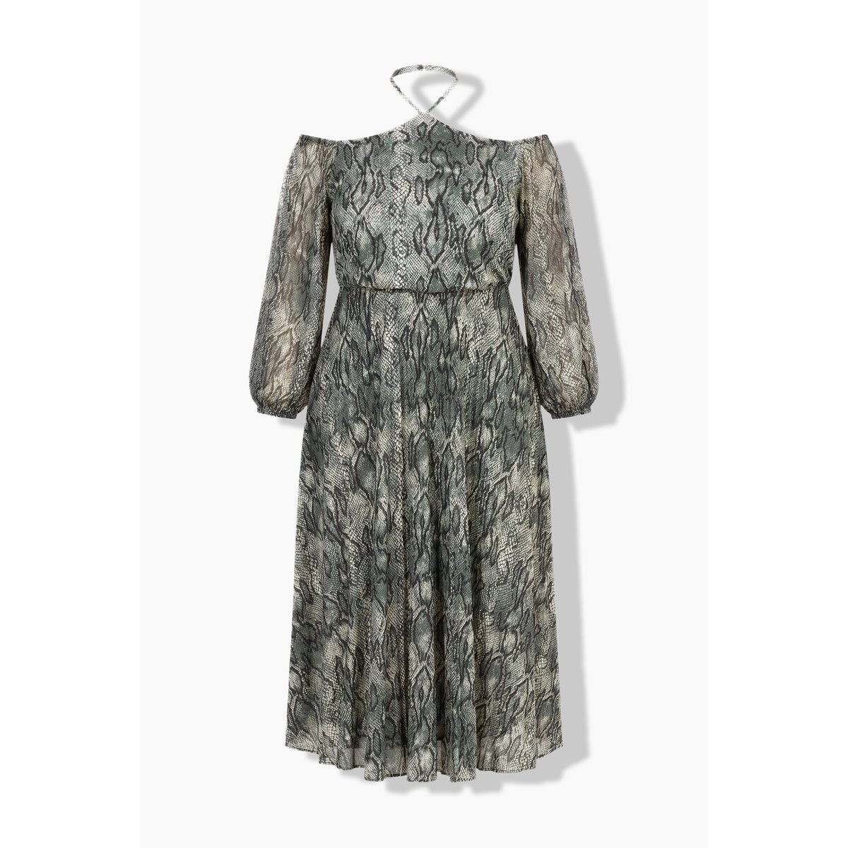 Robe longue, motif animalier, col Carmen gris olive, ULLA POPKEN