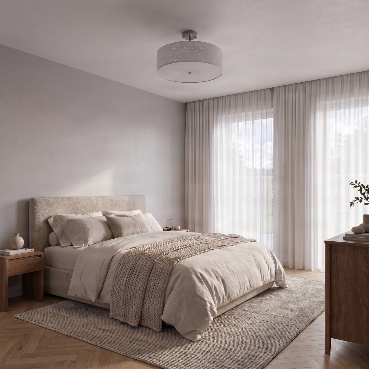 Plafonnier en textile moderne, Umma blanc, nickel satiné, LINDBY