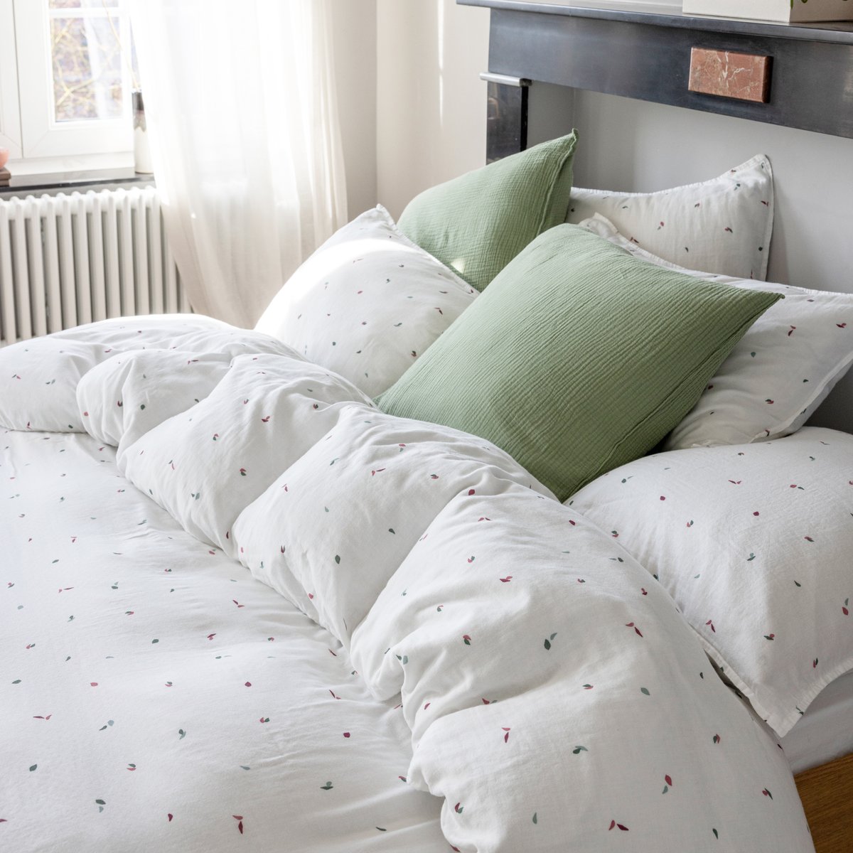 Housse de couette en gaze de coton, MILLE ET UNE FEUILLES naturel, BLANC CERISE