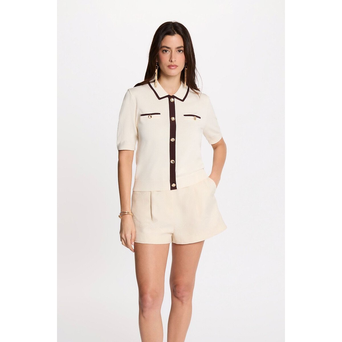 Gilet manches courtes ivoire/chocolat, MORGAN