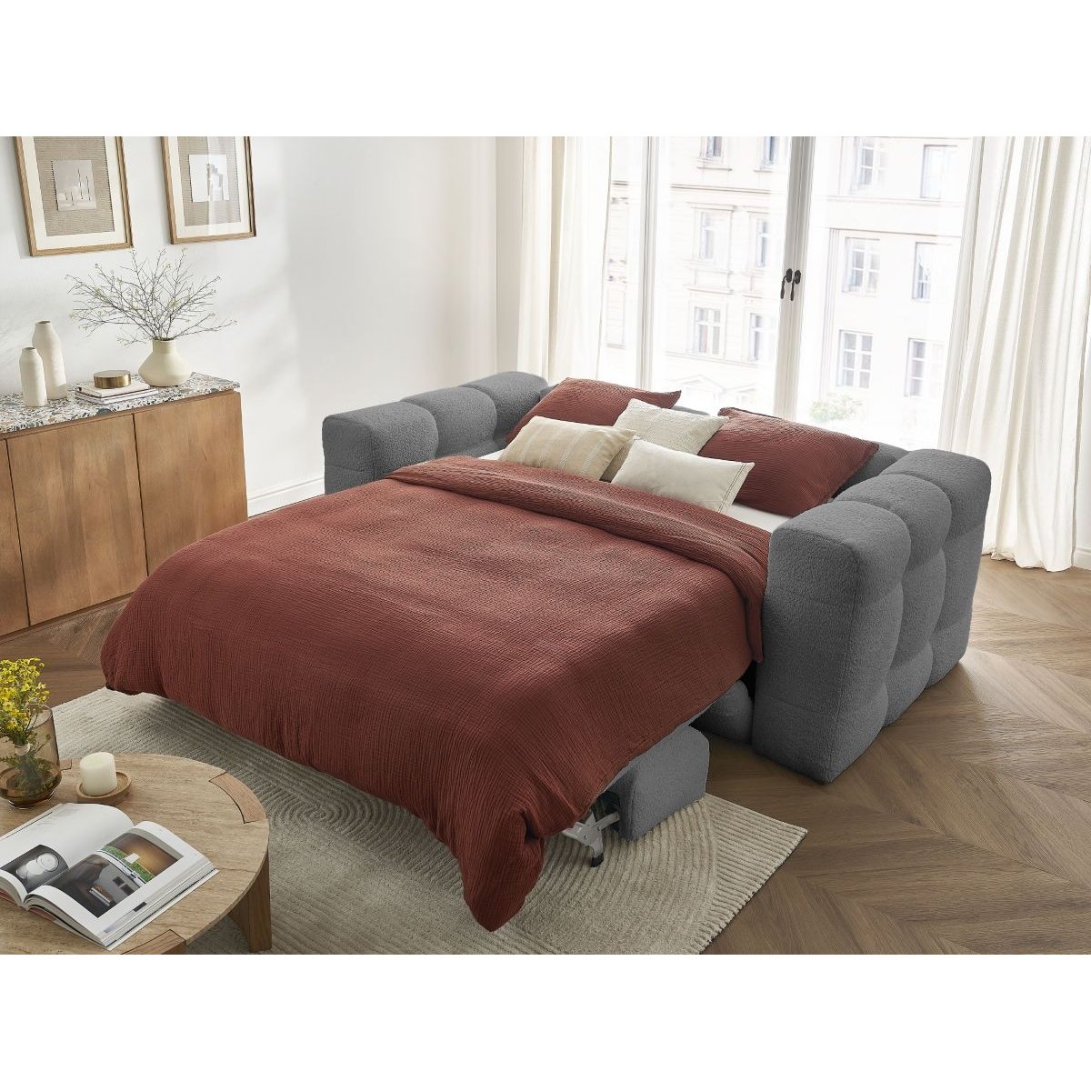 Canapé droit convertible 3 places en tissu bouclette, CLOUD gris foncé, BOBOCHIC
