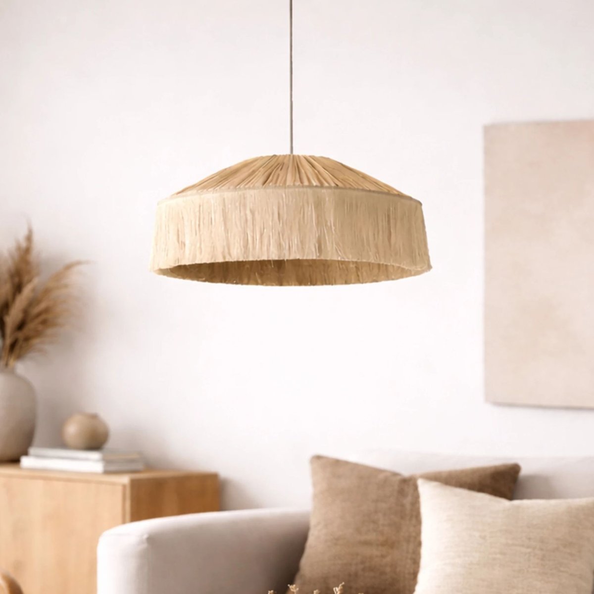 Abat-jour suspension en papier façon raphia et franges naturel, OPJET