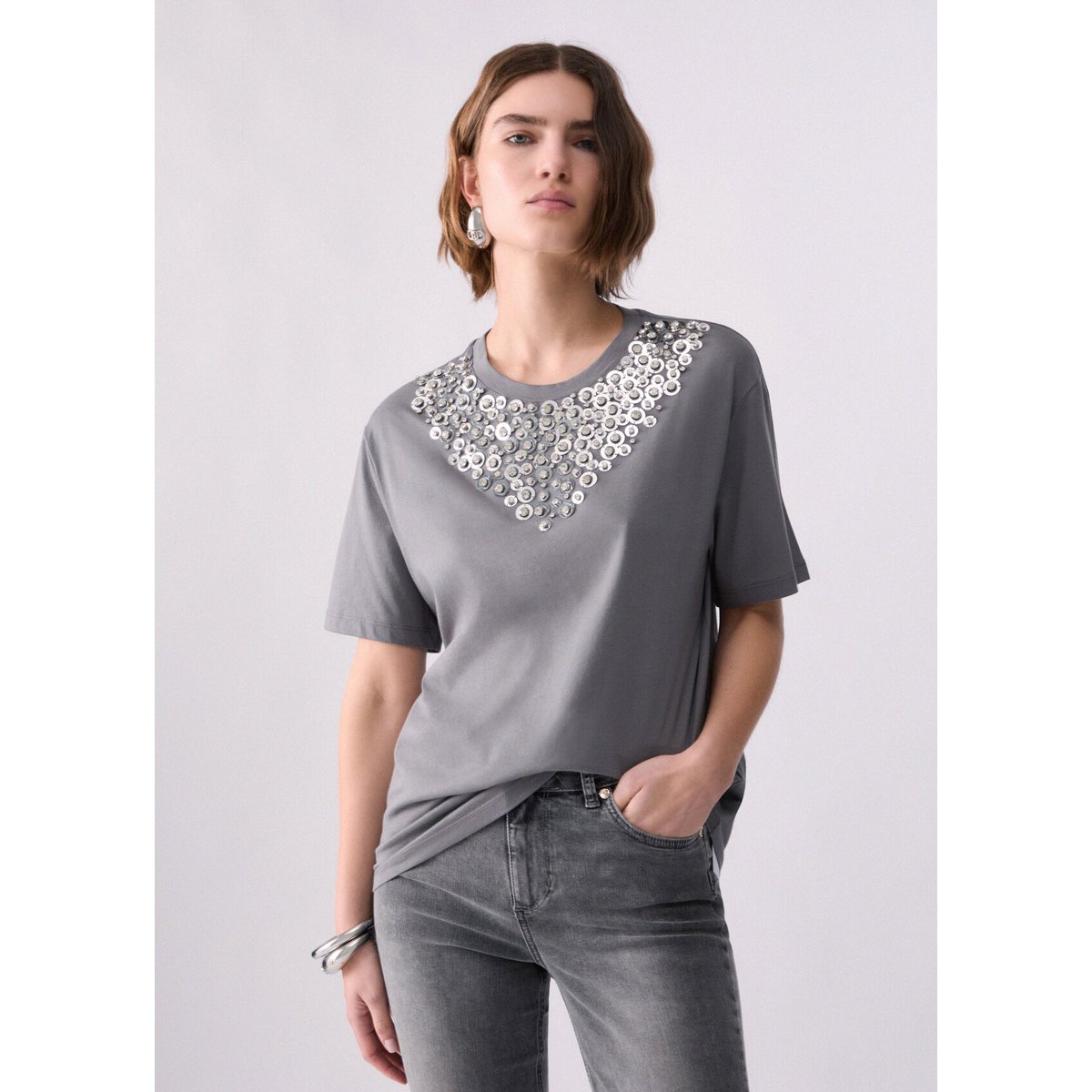 T-shirt avec broderies bijoux gris, LIU JO