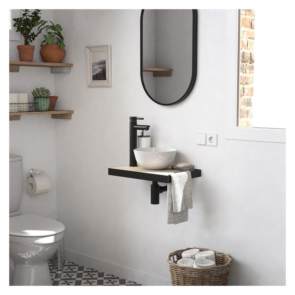 Lave-mains fin +vasque+robinet+miroir SOHO décor chêne, MOB IN