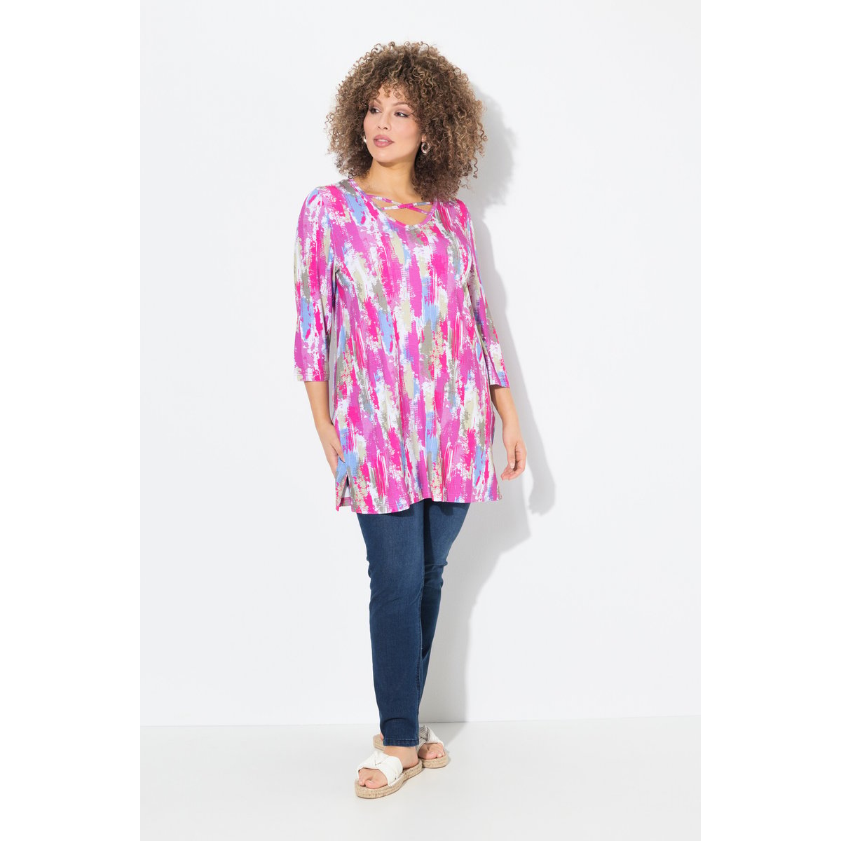 T-shirt long à petits rubans fantaisie. rose frais, ULLA POPKEN