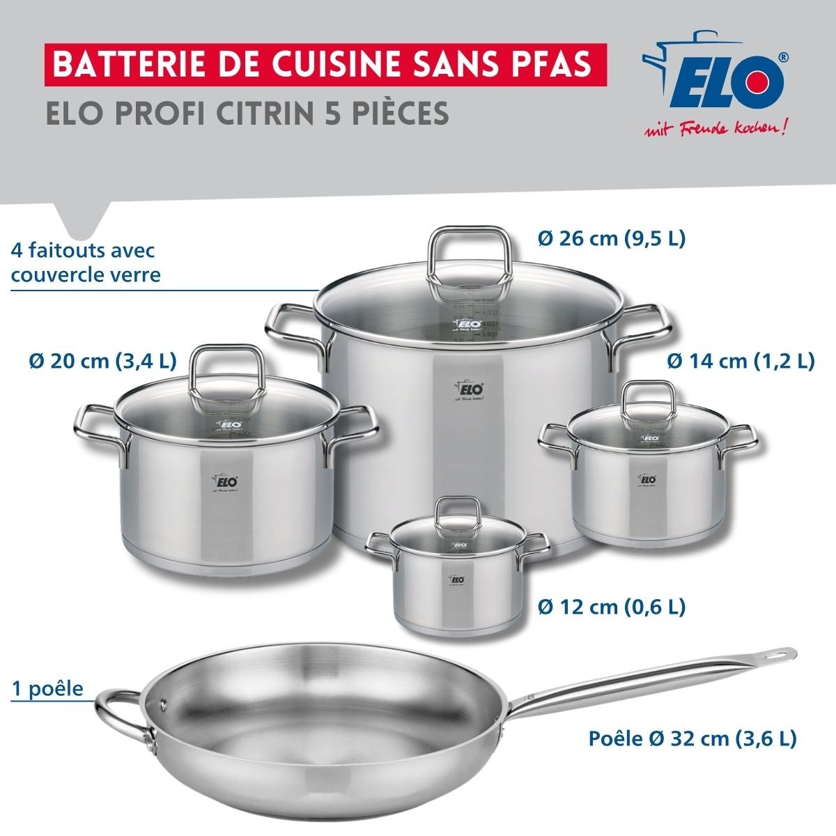 Batterie 1 poêle 32cm + 4 faitouts 12/14/20/26cm PROFI CITRIN gris, ELO