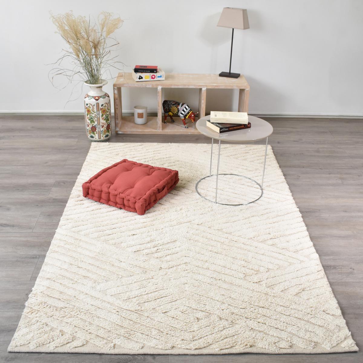 Tapis chambre fait main en coton motif faux uni COTCOLO beige, UN AMOUR DE TAPIS