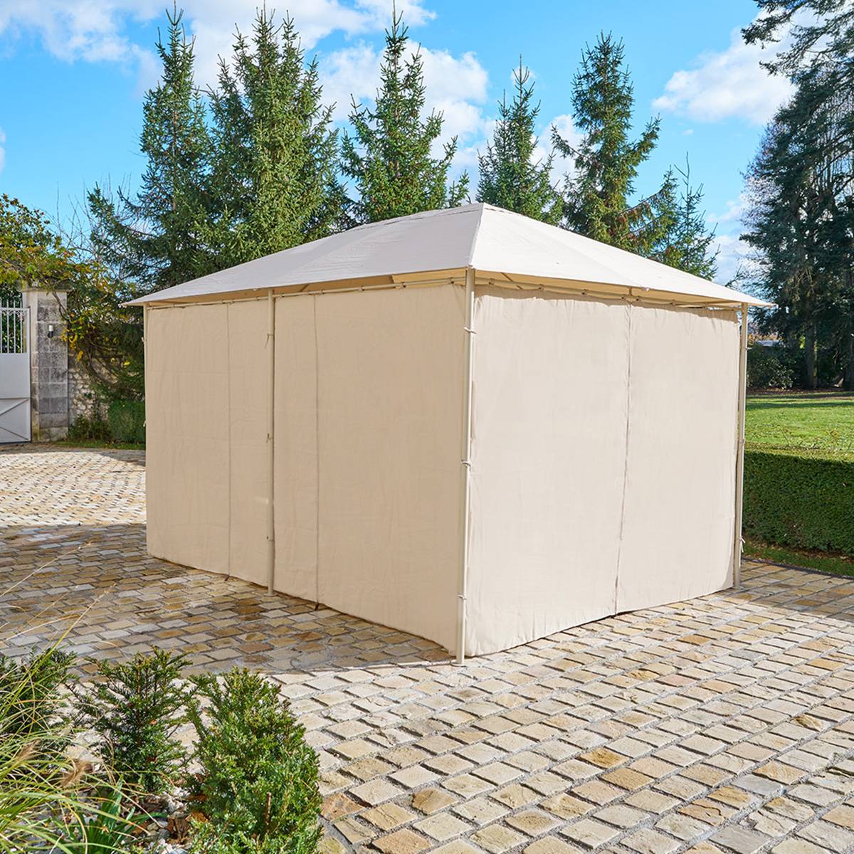 Tonnelle 4x3m en acier avec rideaux SANTORINI argile, HESPERIDE