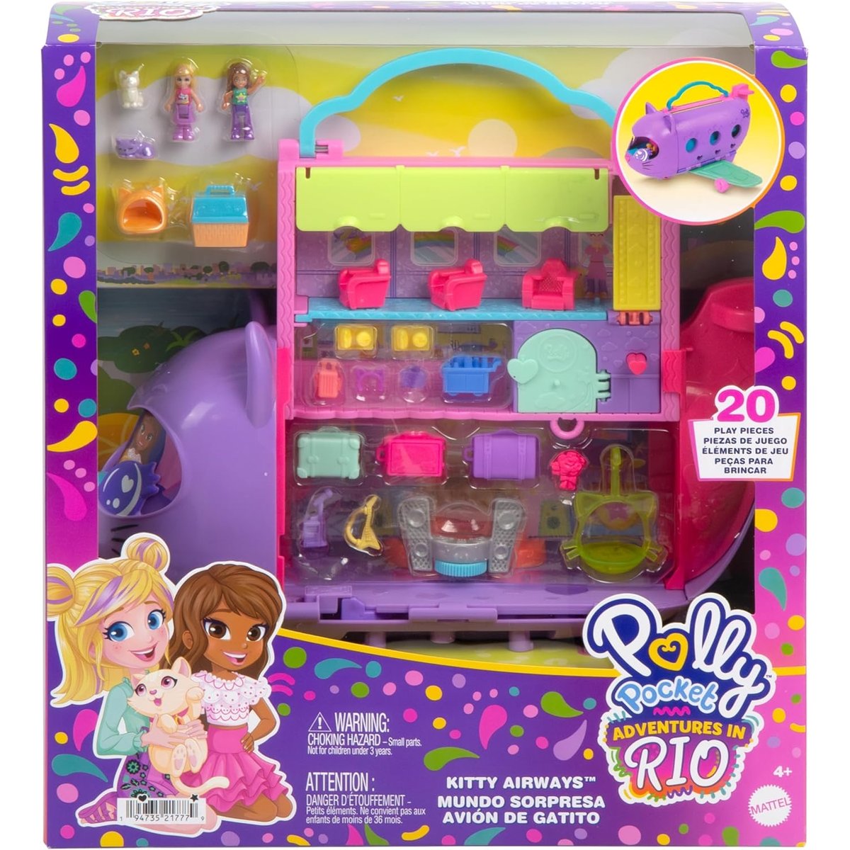 Polly Pocket - Avion chaton transformable violet et vert, MATTEL