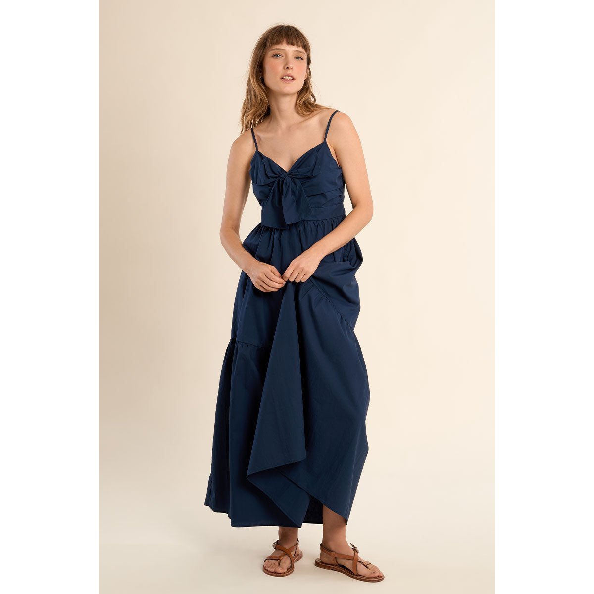 Robe longue en coton, bustier noué navy blue, MOLLY BRACKEN