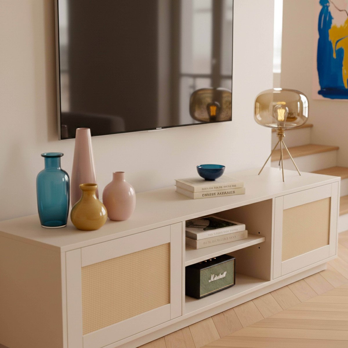 Meuble TV effet bois et cannage en rotin naturel 160 cm style bohème, WALTER crème, OVIALA