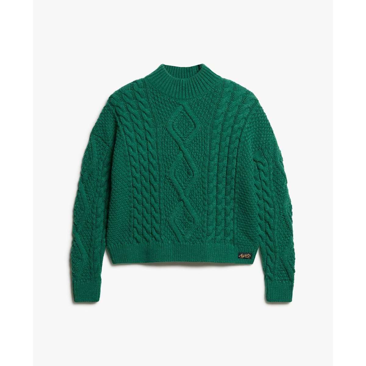 Pull polo en maille torsadée Aran vert pinède, SUPERDRY