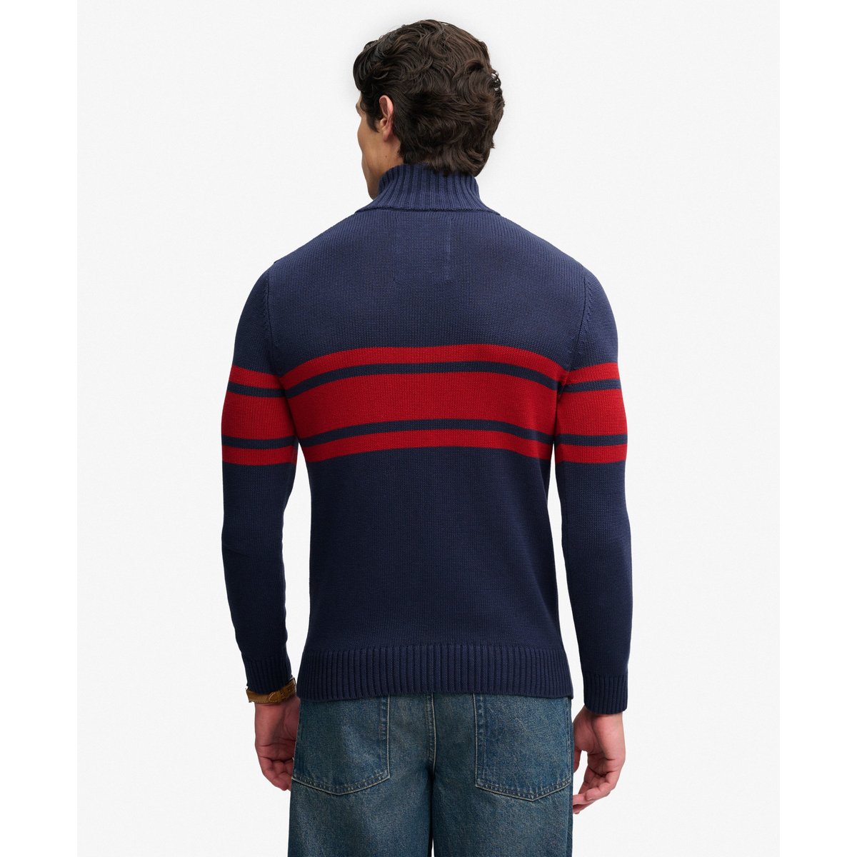 Pull Rayé Demi-Zip Coupe Ajustée bleu marine/rayure rouge, SUPERDRY