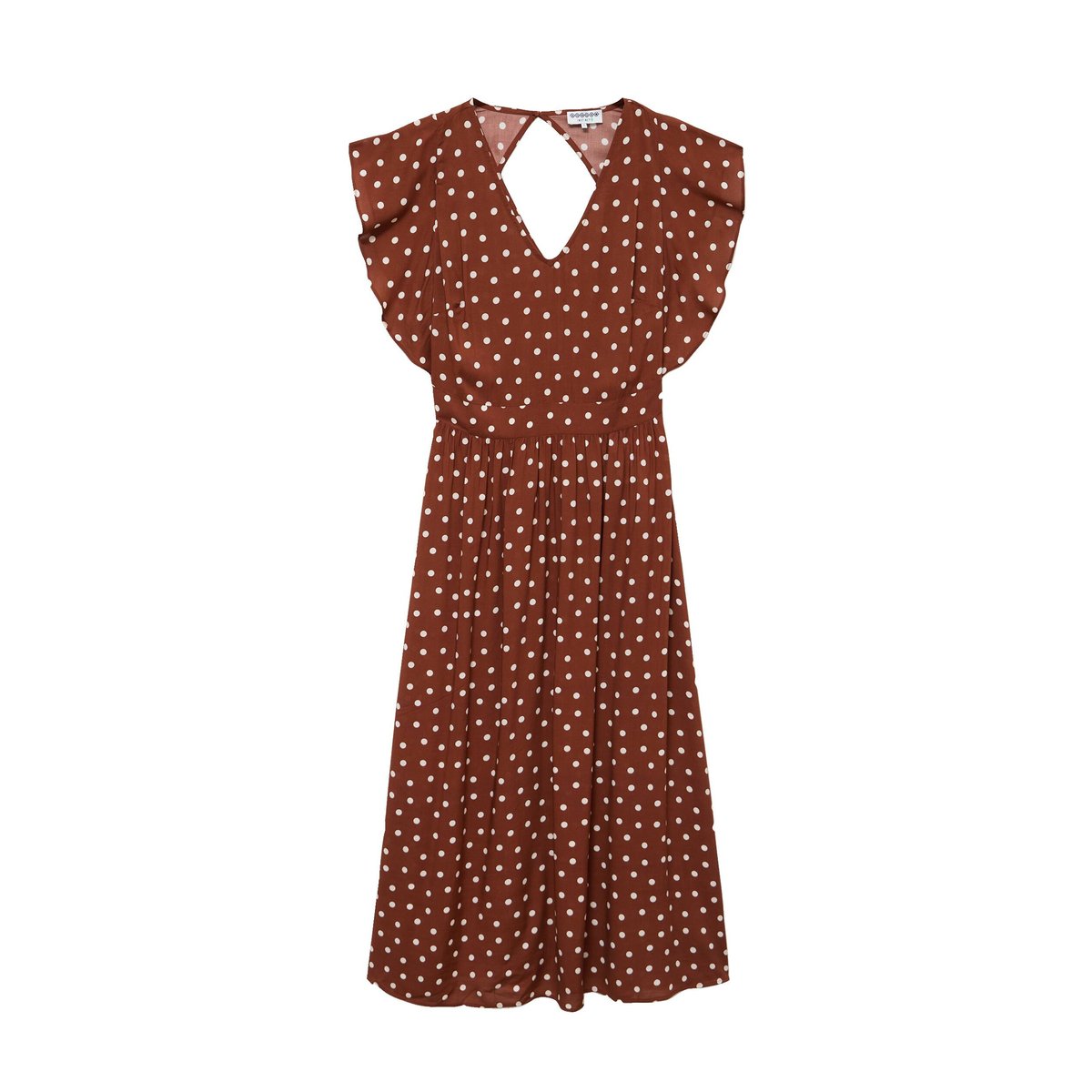 Robe longue évasée col v manches courtes marron cognac, BONOBO