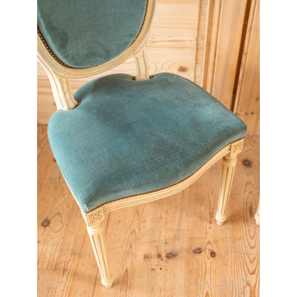 Lot de 6 chaises en bois et tissu bleu Claude N°1463 - Bon état bleu, DEBONGOUT