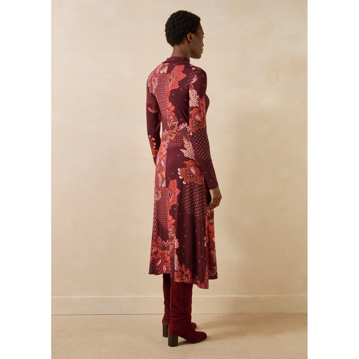 Robe longue imprimée manches longues col montant rouge, LA FEE MARABOUTEE