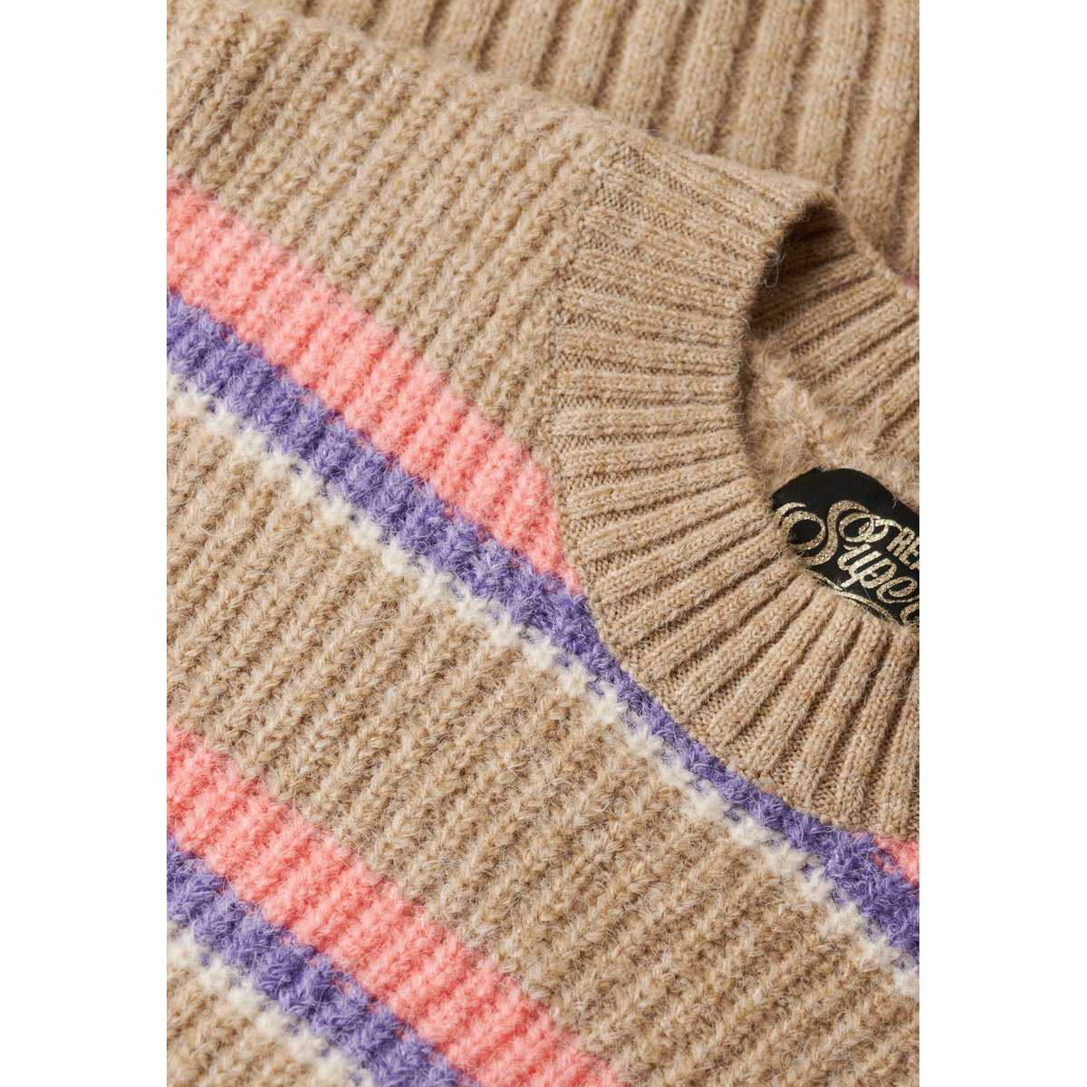 Pull ras du cou à rayures multiples marron caramel multicolore, SUPERDRY
