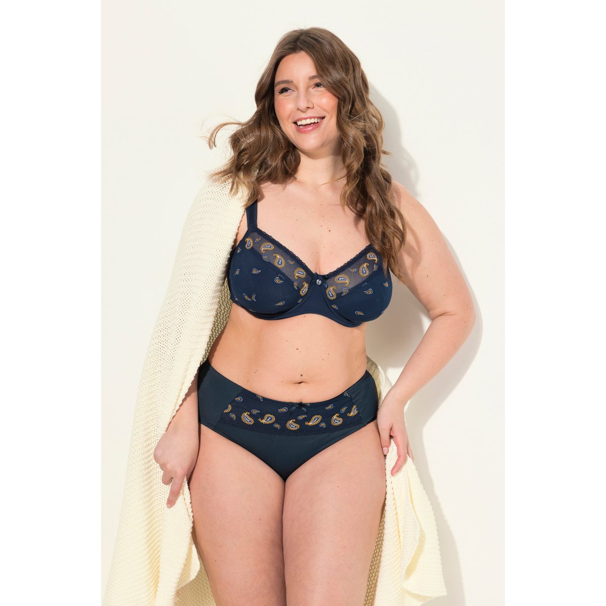 Slip midi, broderie cachemire, microfibre bleu nuit, ULLA POPKEN