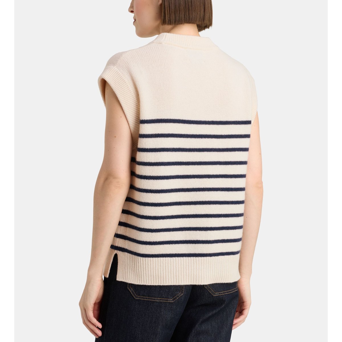 Pull marinière sans manches folal rayé en cachemire écru et bleu, GALERIES LAFAYETTE