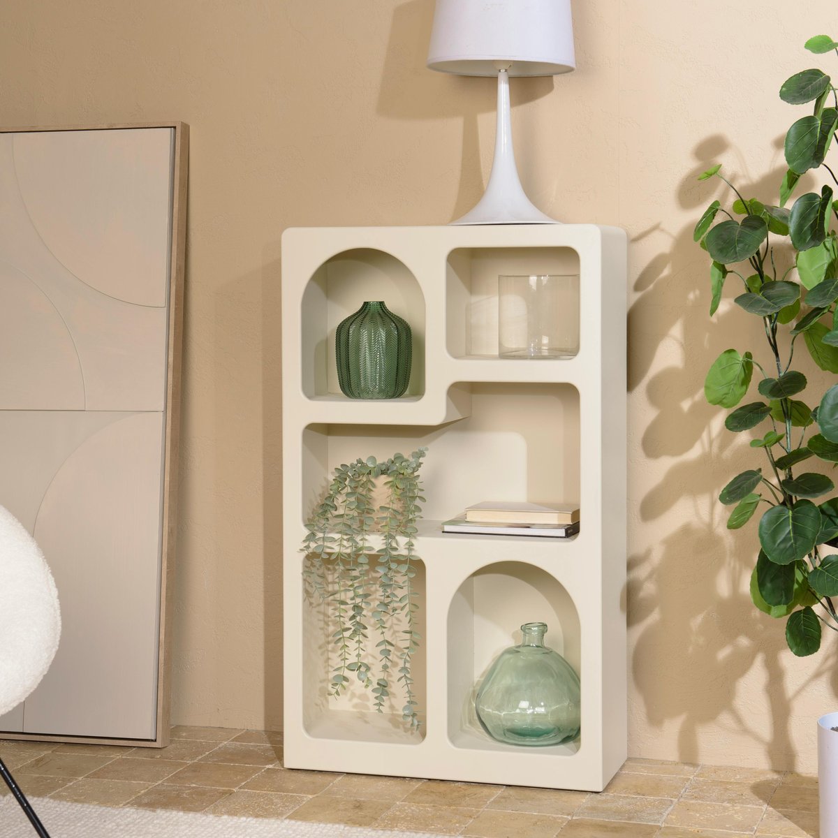 Etagère 5 niches 60x24cm en bois peint couleur beige NELIA beige, PIER IMPORT