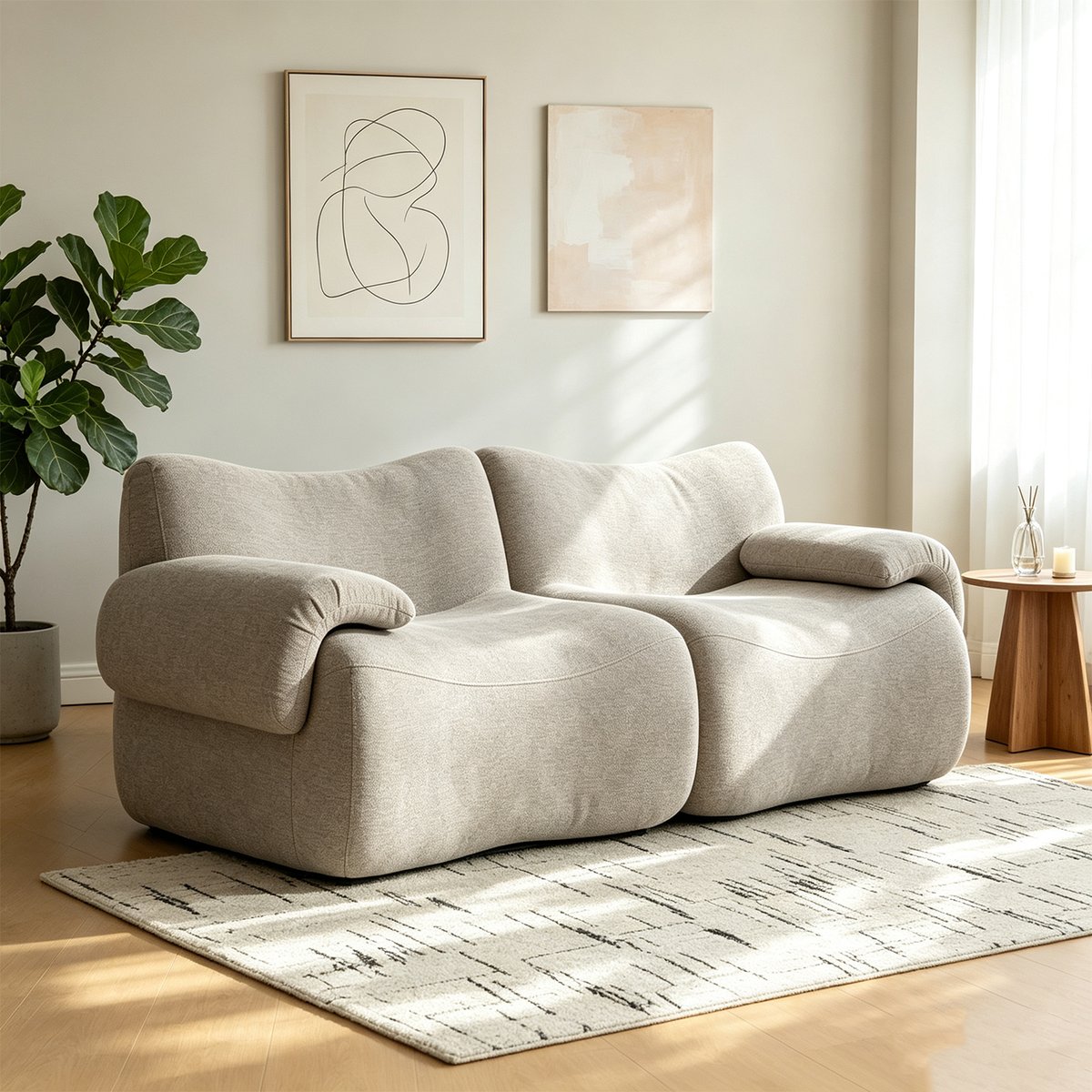 Canapé droit compressé 2 places design moderne, CLOUD taupe, MEUBLES COSY