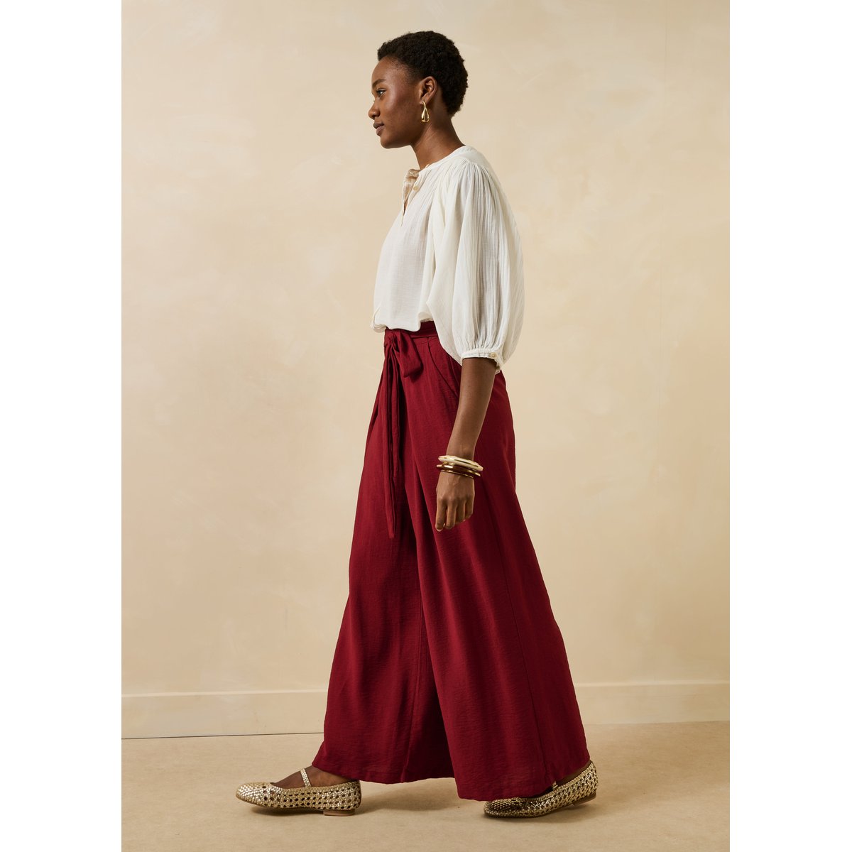 Pantalon large en jacquard mahogany, LA FEE MARABOUTEE