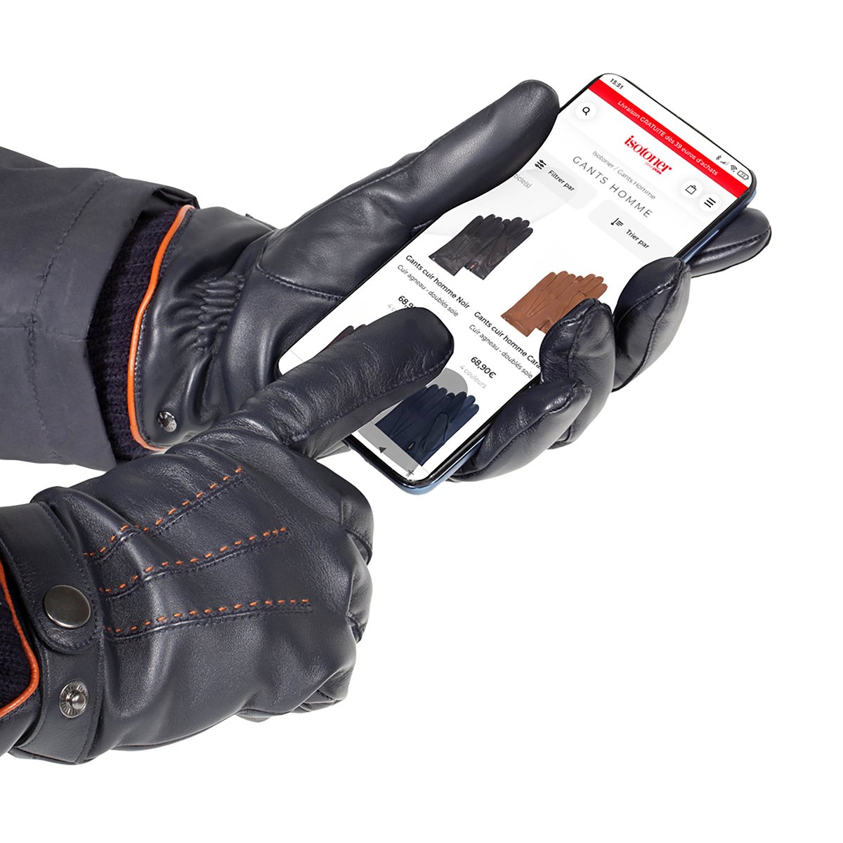 Gants tactiles, en cuir d'agneau pleine fleur, doublés polaire bleu marine, ISOTONER