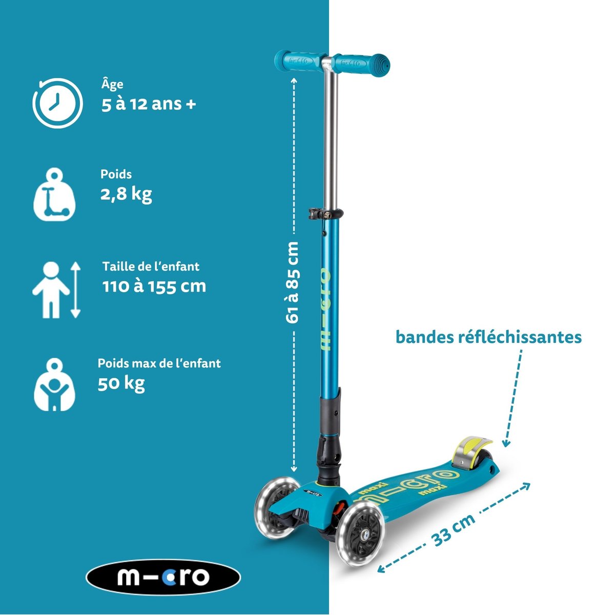 Maxi Micro Deluxe pliable LED - pétrole bleu pétrole, MICRO MOBILITY