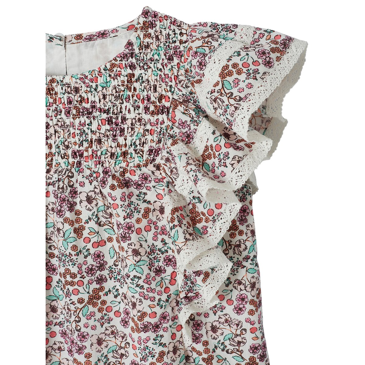 Robe motifs fleurs de cerisier manches volantées écru, VERTBAUDET