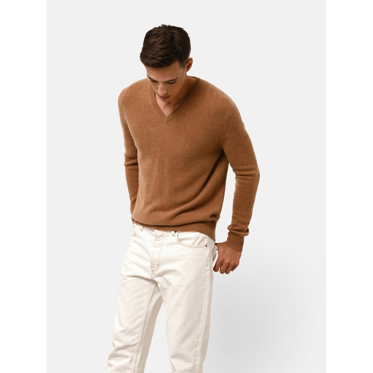 Pull Col V 4 Fils Noisette Nathan marron clair, JUST CASHMERE