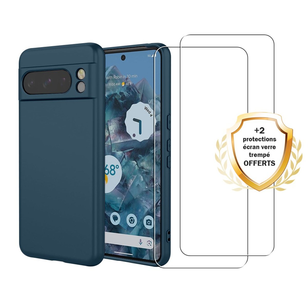 Coque Pixel 8 Pro antichoc + 2 vitres bleu, EVETANE