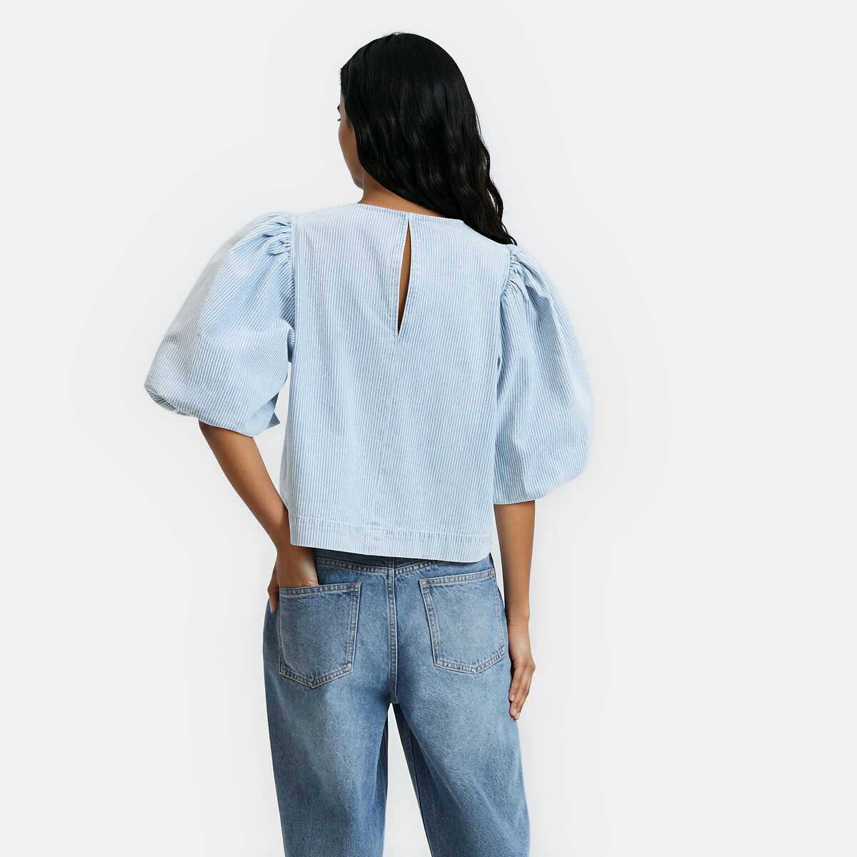 Blouse courte à rayures, manches 3/4 bouffantes rayé bleu/blanc, LA REDOUTE COLLECTIONS