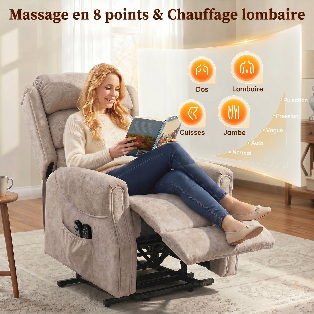 Fauteuil releveur multifonctionnel Velours beige, HOMCOM