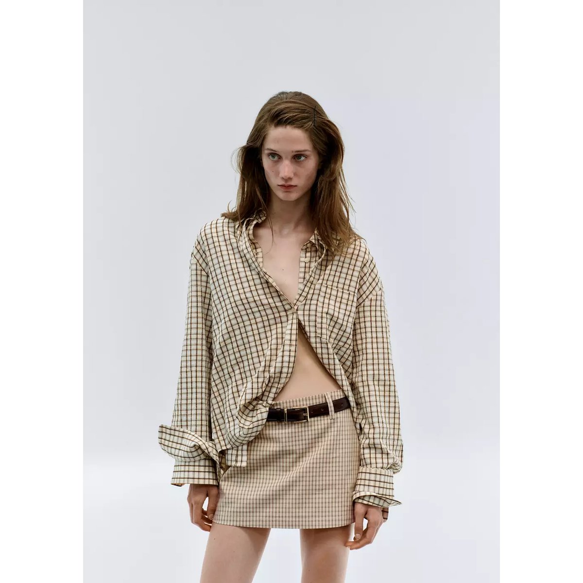 Chemise à carreaux en coton marron, MANGO