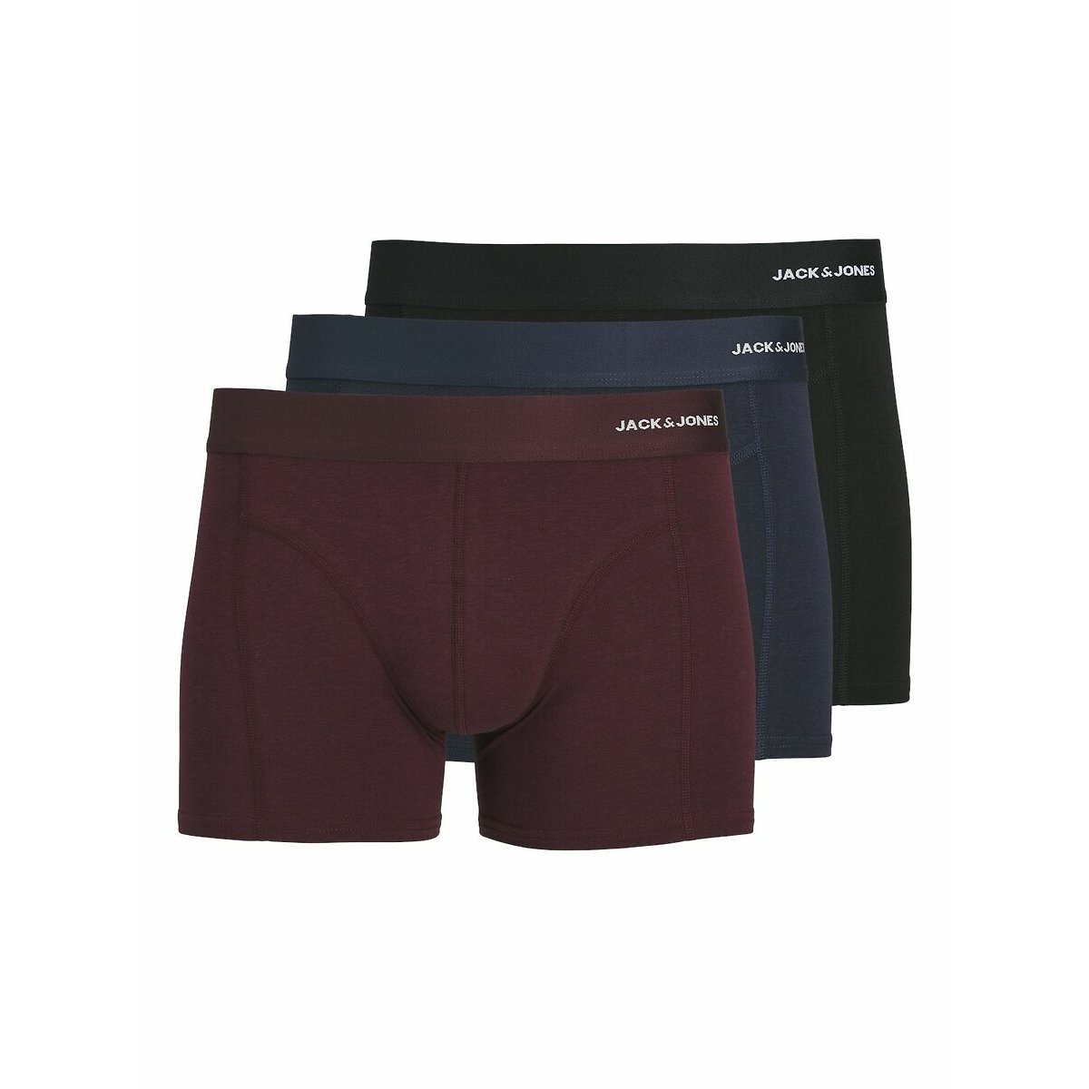 3er-Pack Boxershorts bordeauxrot + marineblau + schwarz, JACK & JONES