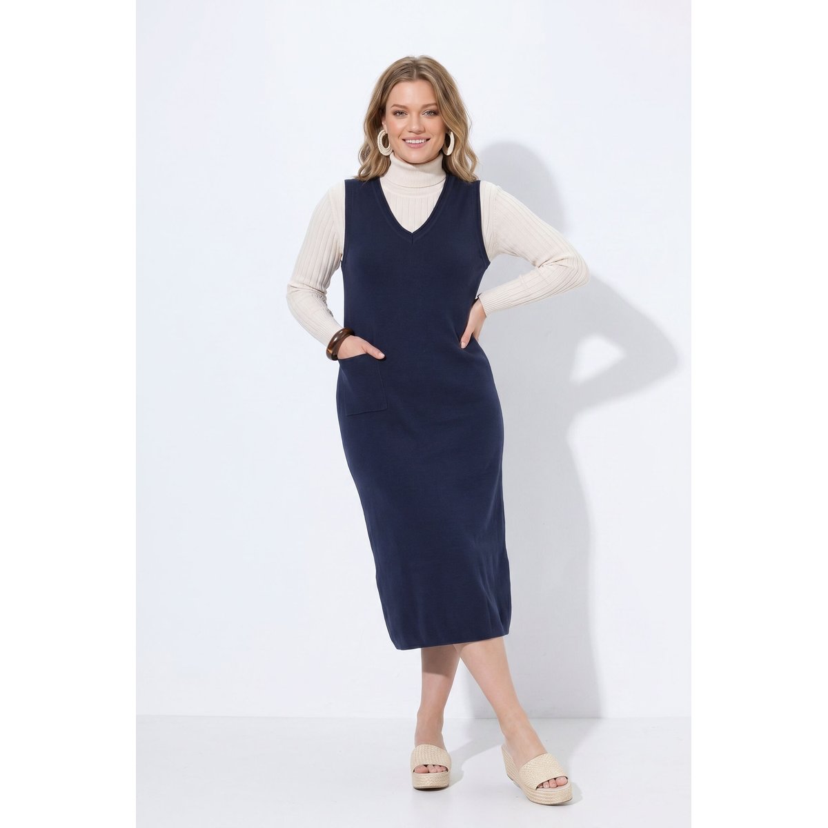 Robe en maille sans manches, bords roulottés marine, ULLA POPKEN