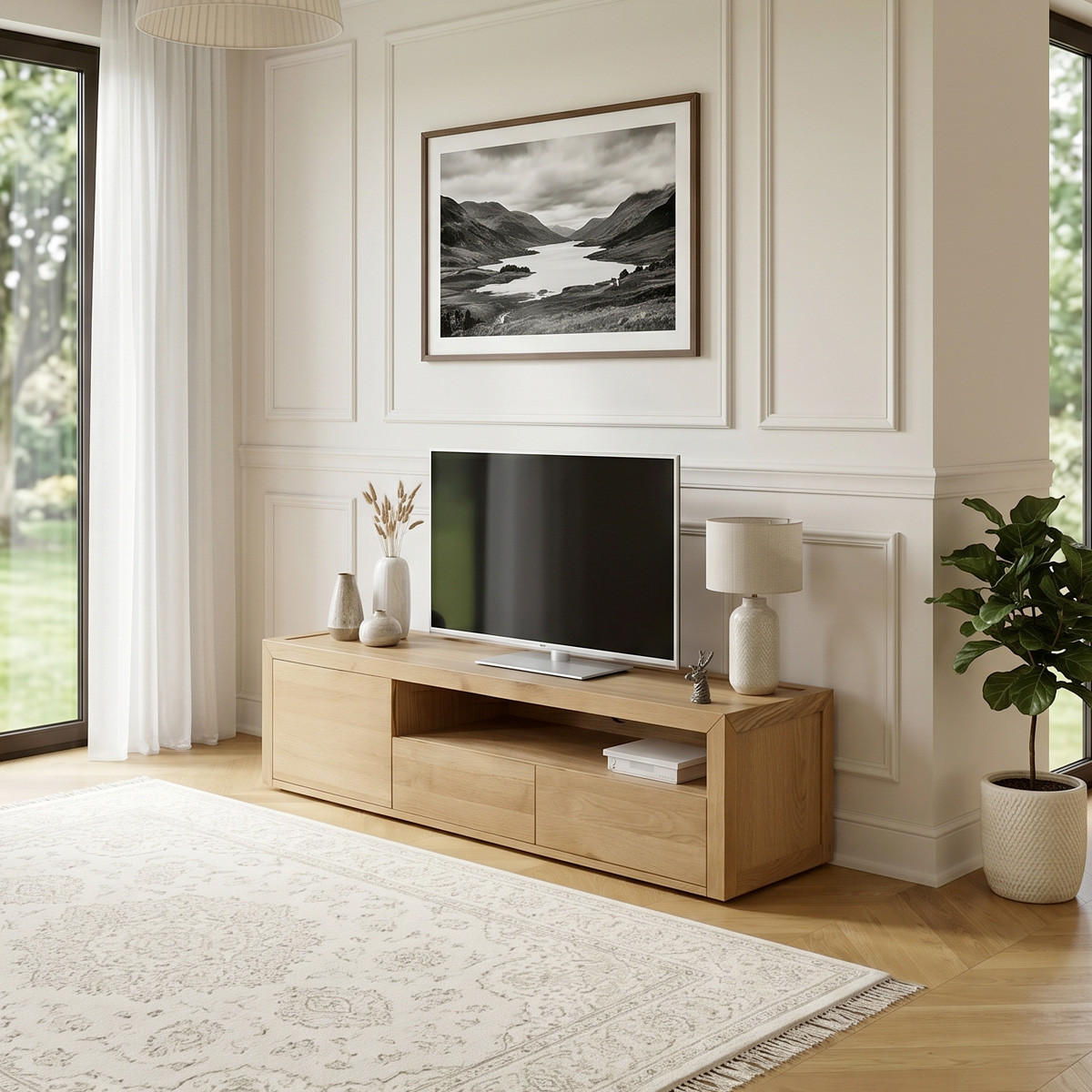 Meuble TV contemporain en chêne, 2 tiroirs, 1 porte CAMILLE beige, ROBIN DES BOIS