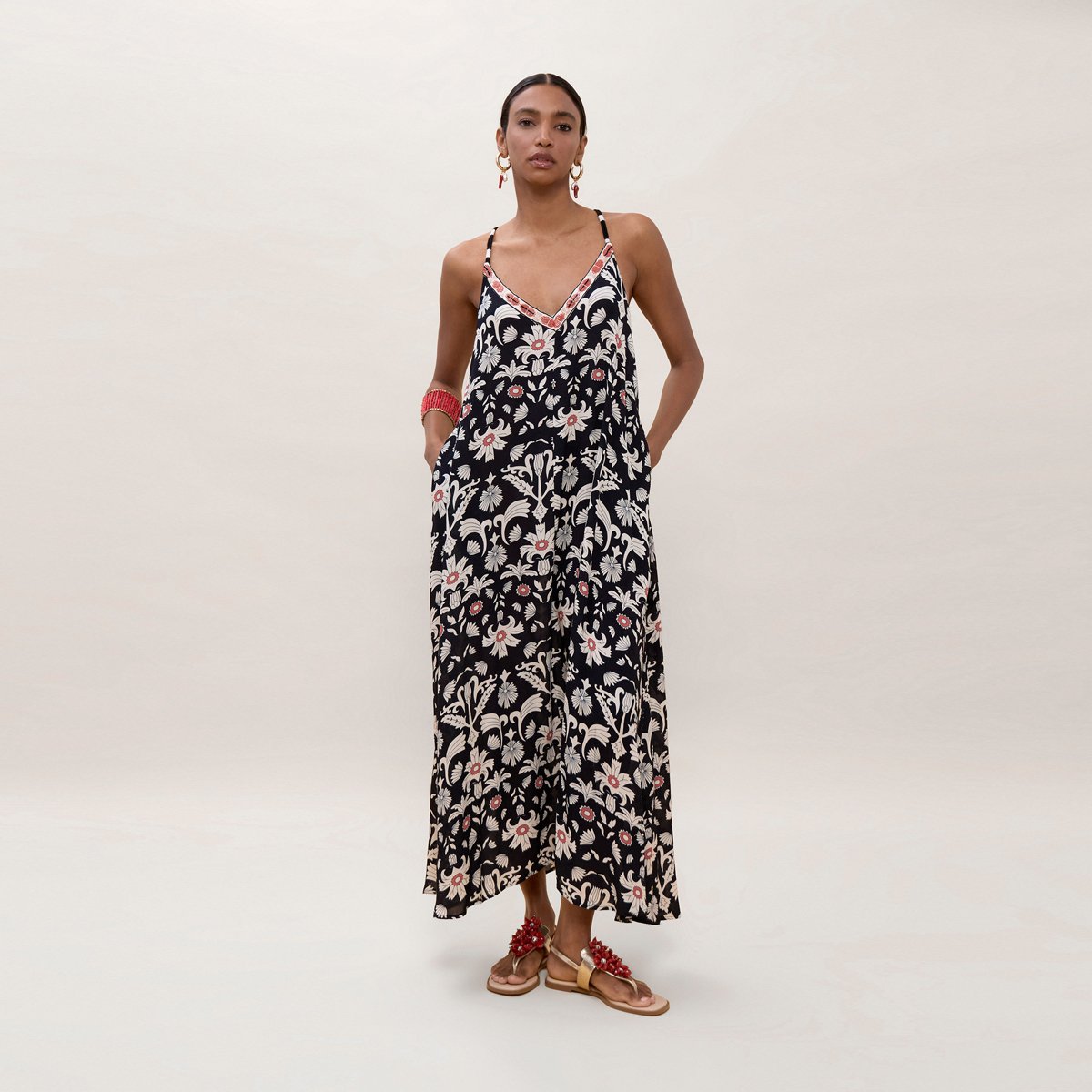 Robe longue imprimée à fines bretelles noir, LOLA CASADEMUNT