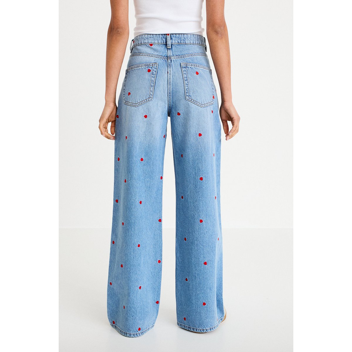 Jean wide leg taille haute brodé denim double stone, CACHE CACHE