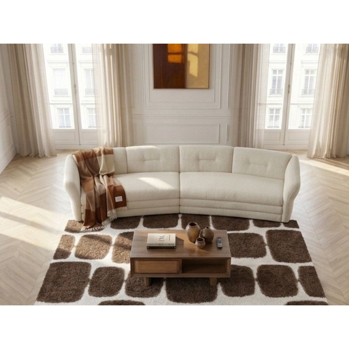 Canapé droit fixe 4 places en tissu chiné, MARBLE beige, BOBOCHIC