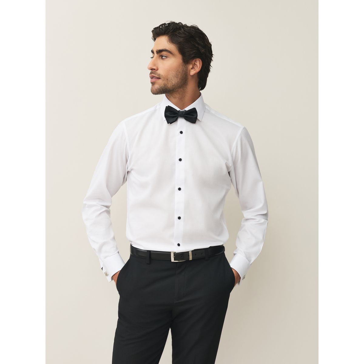 Chemise à poignet double et nœud papillon nœud papillon blanc texturé/noir, NEXT