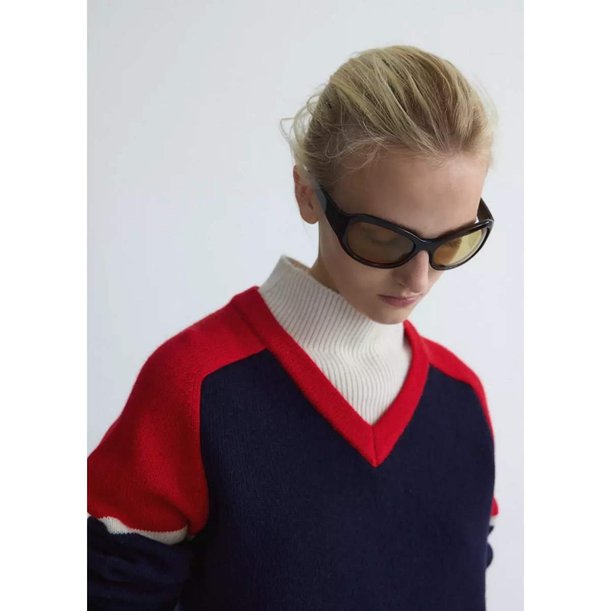 Pull-over laine à bords contrastants bleu marine, MANGO
