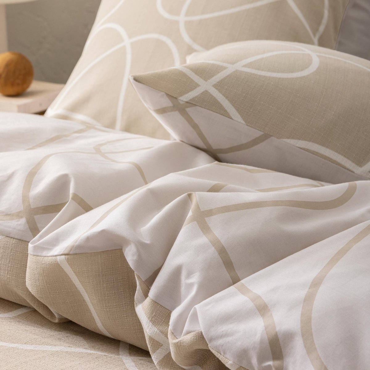Parure de lit 3 pièces en coton relief trait design housse + taies naturel, DOUCEUR D'INTÉRIEUR