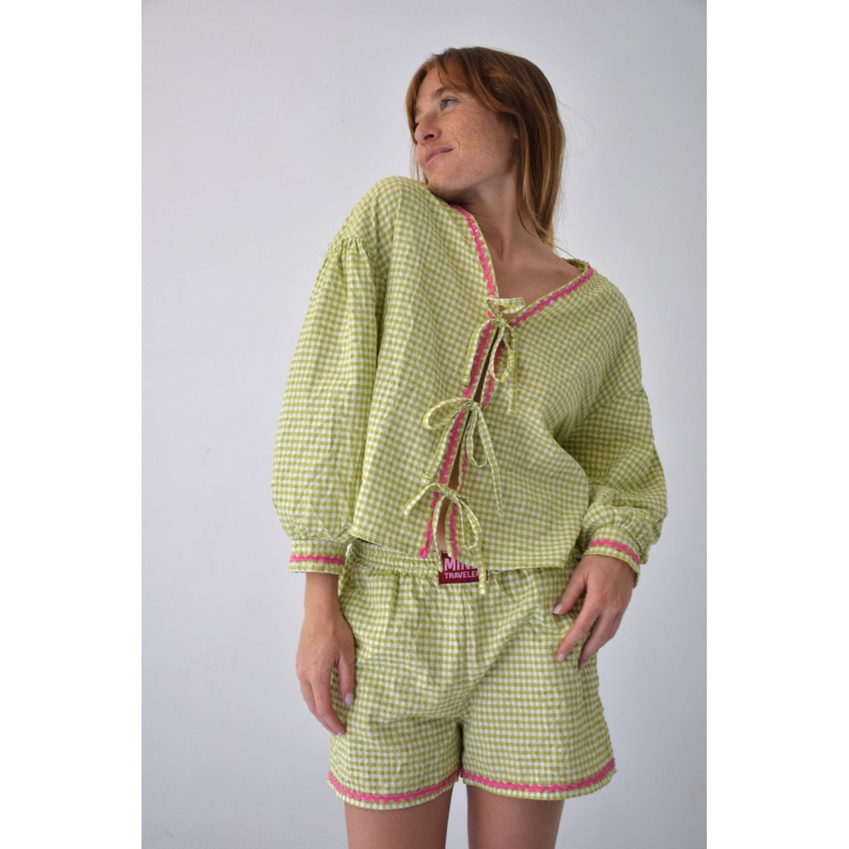 Blouse vichy à nœuds MARTA vert / rose, MINDTRAVELER