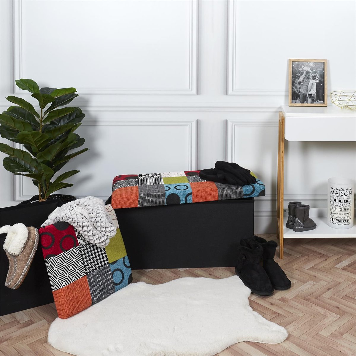 Coffre de rangement pliable patchwork multicolore, EDEN