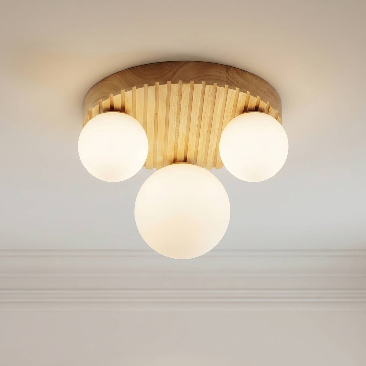 Plafonnier en bois moderne, Mori bois clair, blanc, LINDBY