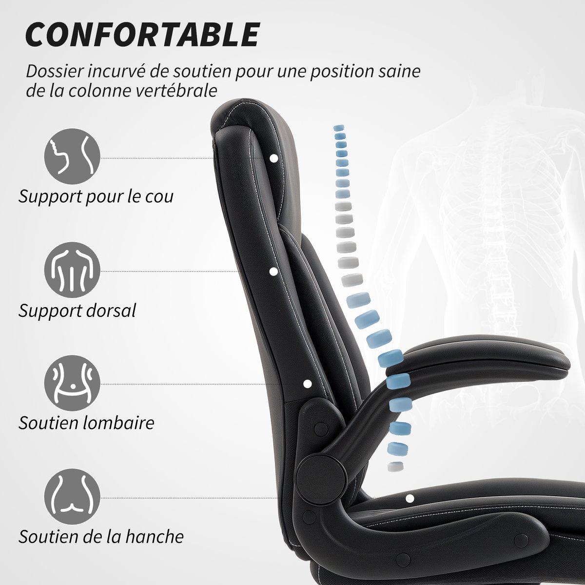 Chaise de bureau Polyuréthane Noir noir, HOMCOM